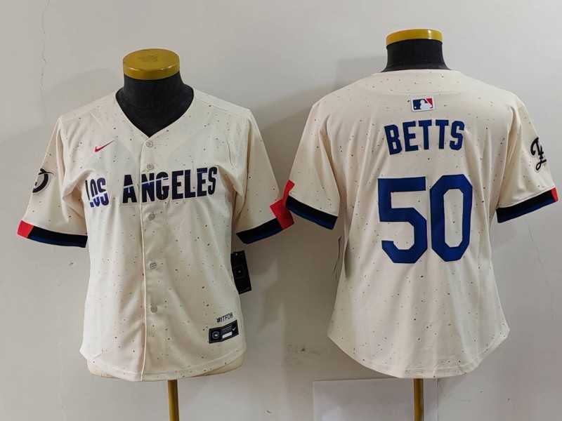 Women%27s Los Angeles Dodgers #50 Mookie Betts Cream 2024 City Connect Limited Stitched Jersey